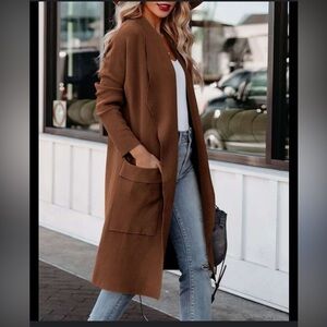 Anrabess Drapy Brown Open Front Chunky Soft Maxi Cardigan